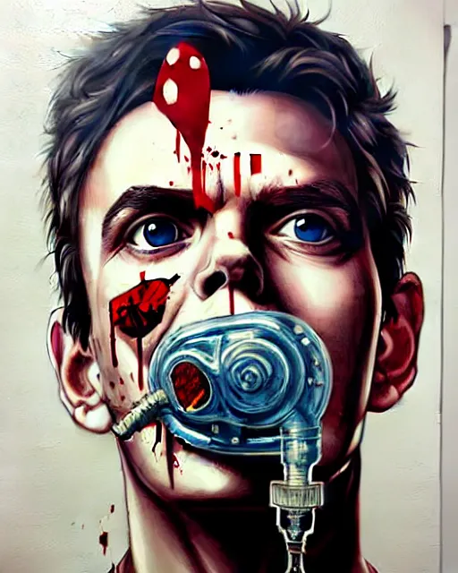 Image similar to portrait of a man wearing oxygen mask, has a sword, blood, a pistol with sea background intricate details with horror side profile by Sandra Chevrier