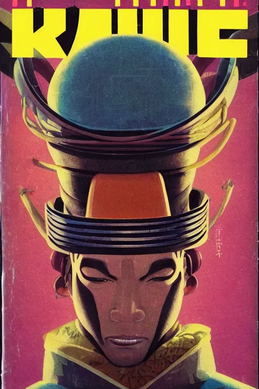 Image similar to 1 9 7 9 omni magazine cover of kianu reeves in a samurai hat. piercing gaze. simple stylized cyberpunk photo by josan gonzalez.