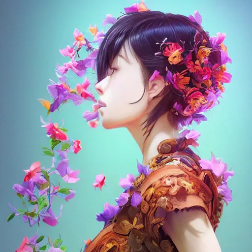 Prompt: the portrait of an absurdly beautiful, graceful, elegant young anime woman made of bananas and petals looking up, an ultrafine detailed illustration by kim jung gi, irakli nadar, intricate linework, bright colors, octopath traveler, final fantasy, angular, unreal engine 5 highly rendered, global illumination, radiant light, detailed and intricate environment