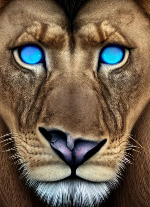 Image similar to a close up of a lion's face with blue eyes, an album cover by jacob toorenvliet, featured on behance, cubo - futurism, rendered in cinema 4 d, sketchfab, rendered in maya