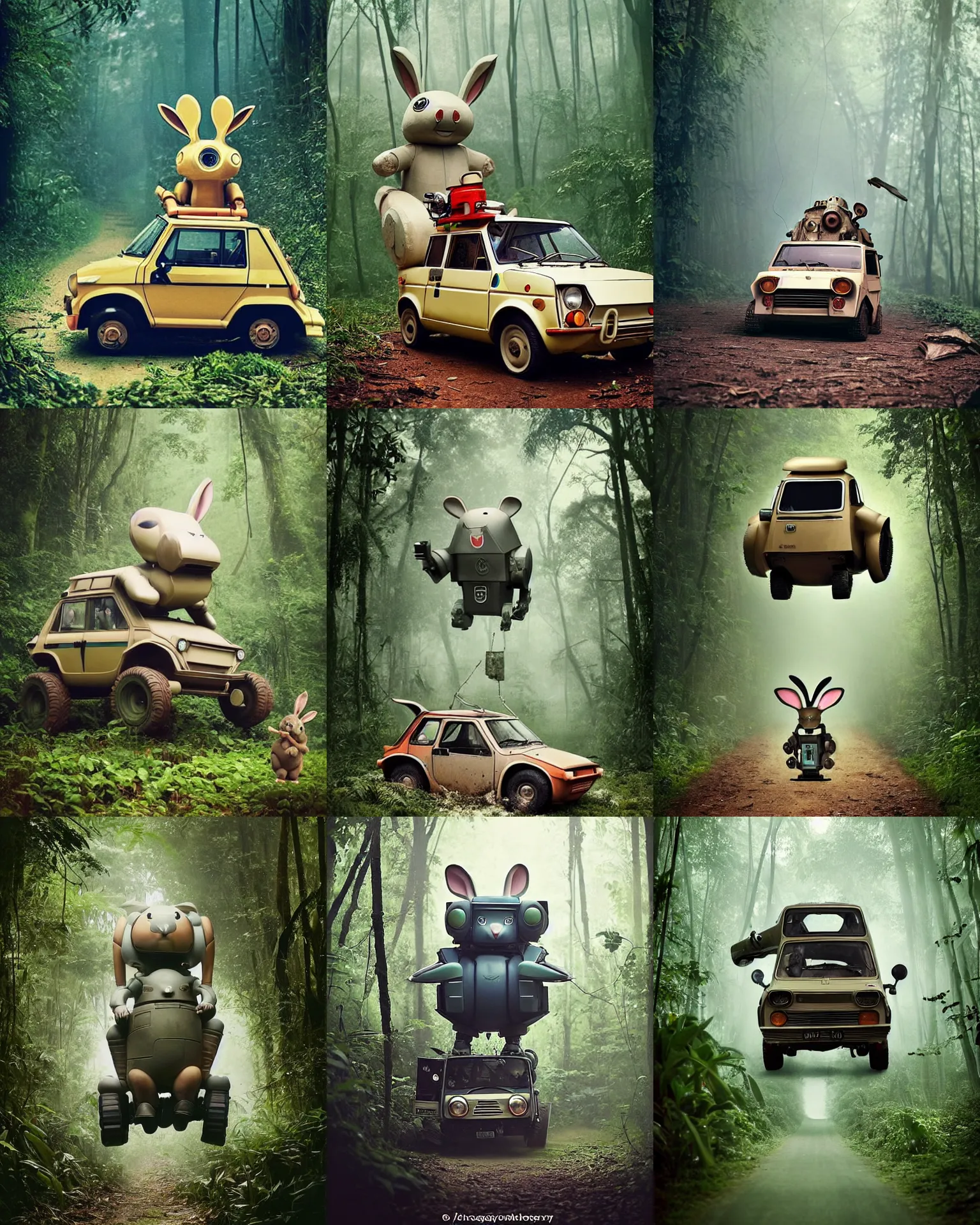 Prompt: epic chase!!!giant oversized battle rabbit robot chubby fat mech with big ears as fiat 126p , in jungle forest !!! , full body , Cinematic focus, Polaroid photo, vintage , neutral dull colors, foggy mist ,by oleg oprisco , by victor enrich , by gregory crewdson , by discovery channel