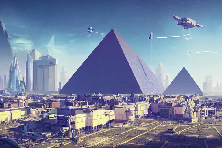 Image similar to concept art of levetating see through pyramid above a highly detailed mechanical landing pad, futuristic city in background, by beeple, artstation, CG society, blue skies