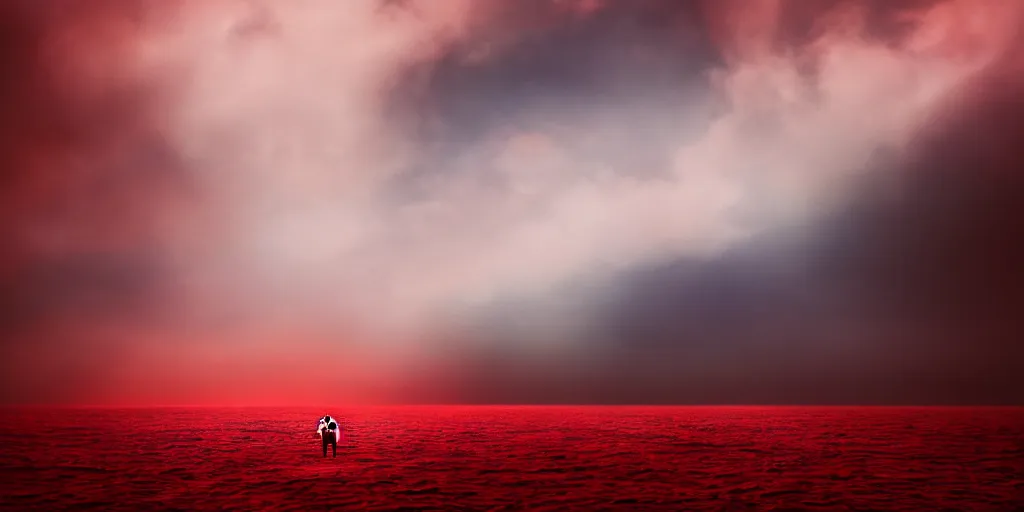 Image similar to an astronaut emerging from an ocean of red water, otherwordly sky, cinematic, 35mm, photography, High definition, 8k, detailed, deprh of field, photorealistic, epic atmosphere