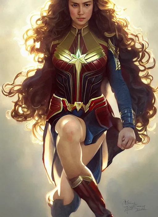 Prompt: a little girl with a mischievous face and light brown curly wavy hair. she is dressed as captain marvel, wonder woman, captain america, a superhero. clean elegant painting, beautiful detailed face. by artgerm and greg rutkowski and alphonse mucha