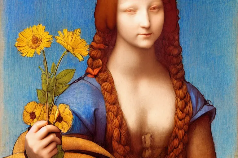 Prompt: multicolor drawing of a pretty girl with a robotic arm holding a flower by leonardo da vinci in 4 k ultra high resolution, with depressive feeling