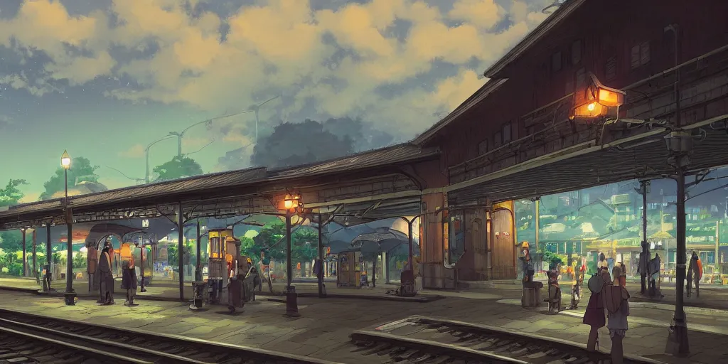 Prompt: at a train station, evening, detailed matte painting, low angle view, telephoto lens, bokeh, studio ghibli, artstation