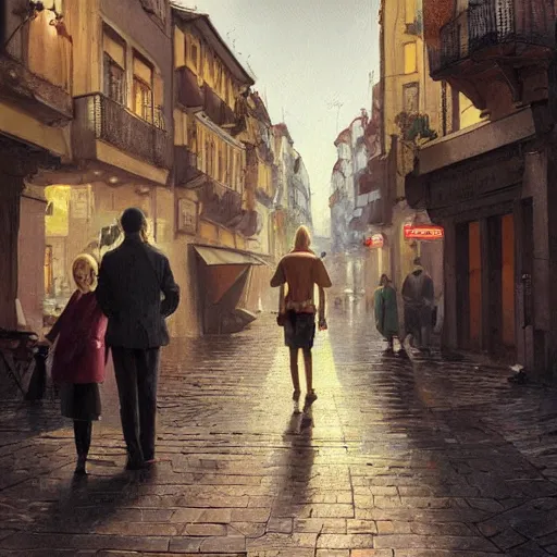 Prompt: a blonde woman & Michael mcintyre searching for food in Porto, greg rutkowski