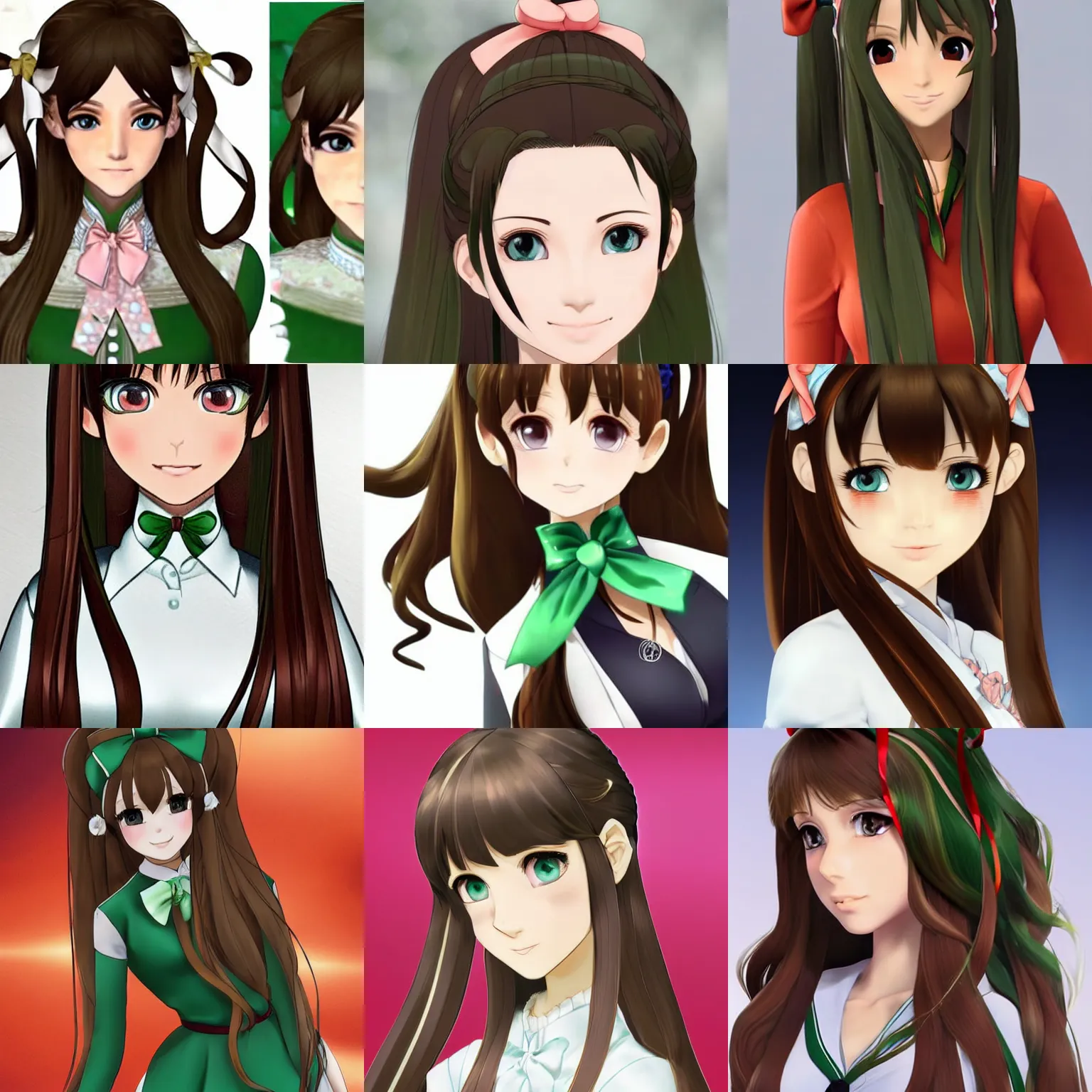 Prompt: Monika has extensively long coral brown hair that she keeps tied up in a high ponytail tied back with a large white bow, curled slightly at the ends. Like the other female characters, she has two prominent strands of hair beside her bangs that reach slightly past her chest. Her eyes are emerald green.