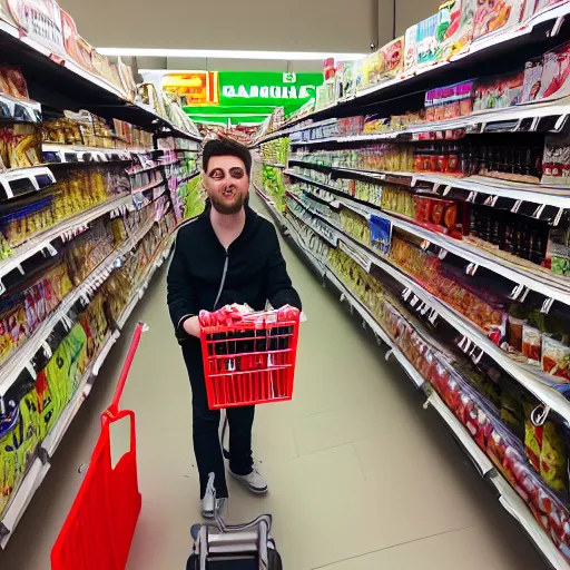 Image similar to selfi stick photography of an annoying youtuber visiting a hard discount supermarket, highly detailed, photorealistic