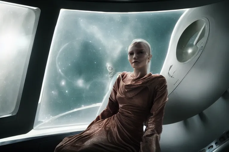 Image similar to VFX movie of a futuristic space woman model gorgeous portrait in inhuman future spaceship, beautiful natural skin natural lighting by Emmanuel Lubezki