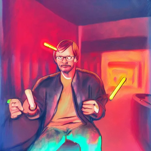 Prompt: jeffrey dahmer in a nightclub with glowsticks, late 7 0 s polaroid photo, digital painting, ultradetailed, artstation, oil painting, ultradetailed, artstation