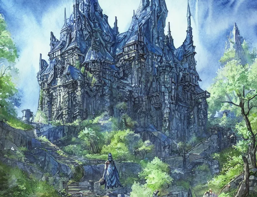 Prompt: futuristic scifi elven castle in springtime. this watercolor painting by the award - winning comic artist has interesting color contrasts, plenty of details and impeccable lighting.