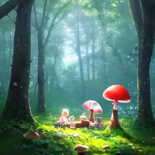 Prompt: a cute picnic in a mushroom forest. dramatic lighting, cgsociety masterpiece, artstation trending, by rossdraws, ghibli, Kimi no Na wa, greg rutkowski, 4k, digital art, concept art, trending on artstation