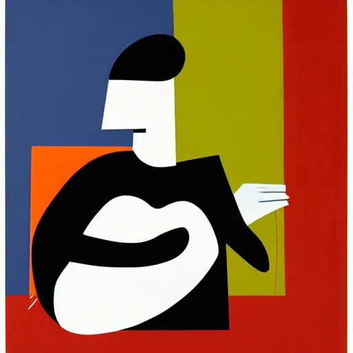 Image similar to portrait of a person playing guitar, abstract painting in the style of Sophie Taeuber-Arp and Gary Hume and Tatsuro Kiuchi, flat colour-block style, geometric abstraction, dark colours