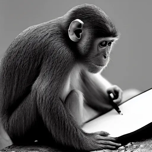 Image similar to monkey studying writing in a notebook, 4k, HD, Full-HD, Super-Resolution, by Laurie Lipton