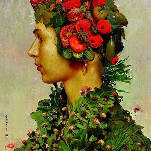 Image similar to a sculpture portrait made of kiwi and strawberries and flowers and plants, painting part by wojciech siudmak, part by ilya repin, part by max ernst, part by norman rockwell, artstation