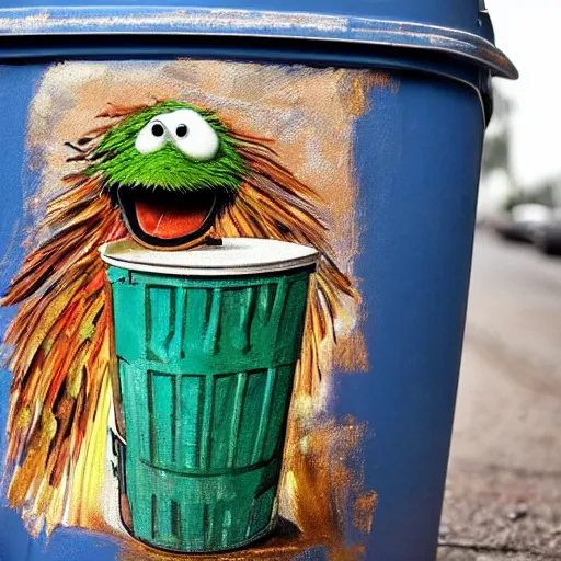 Image similar to oscar the grouch in an old garbage can gets given a gold plated garbage can, fresco painting