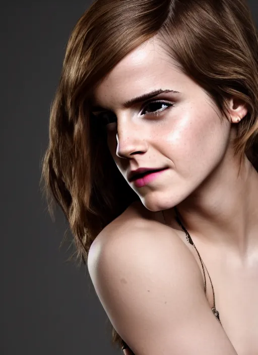 Image similar to emma watson, fashion portrait, dslr, one point lighting, pale skin, studio lighting