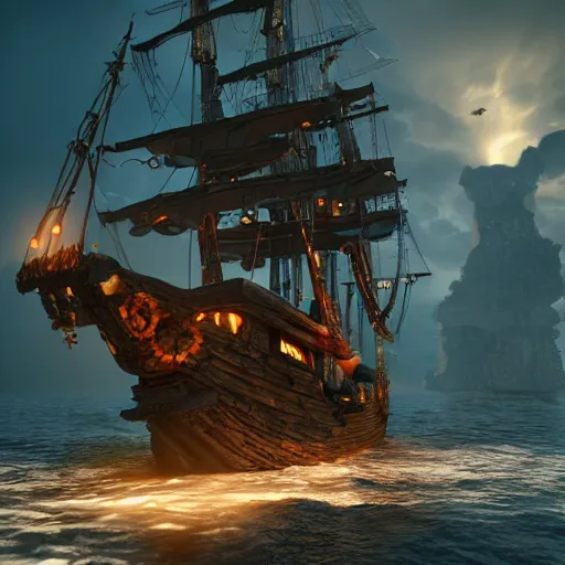 Prompt: ghost pirate ship with a pirate on the foreground, highly detailed, photorealistic portrait, bright studio setting, studio lighting, crisp quality and light reflections, unreal engine 5 quality render