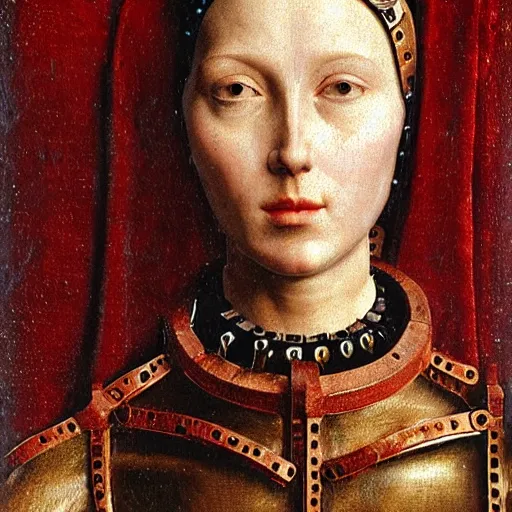 Image similar to a portrait of cyborg princess connected to a man-machine interface by Jan van Eyck, renaissance style