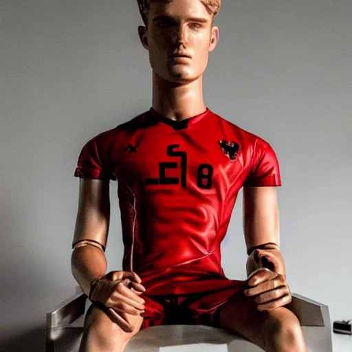 Prompt: a realistic detailed photo of a guy who is an attractive humanoid who is half robot and half humanoid, who is a male android, soccer player timo werner, shiny skin, posing like a statue, blank stare, in a living room, on display, showing off his muscles