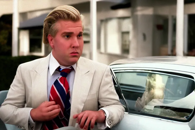 Image similar to cinematic still of portly clean-shaven white man wearing suit and necktie and curly blonde blonde blonde hair as car salesman in 1994 film, XF IQ4, f/1.4, ISO 200, 1/160s, 8K, RAW, dramatic lighting, symmetrical balance, in-frame