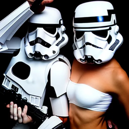 Prompt: comic style portrait female stormtrooper with stormtrooper - helmet in white bikini, bending over, tattoos of star wars symbols, graffiti style