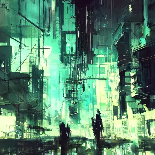 Prompt: a cyberpunk, wires, machines, in a dark future city by jeremy mann, francis bacon and agnes cecile, ink drips, paint smears, digital glitches glitchart c - 1 0