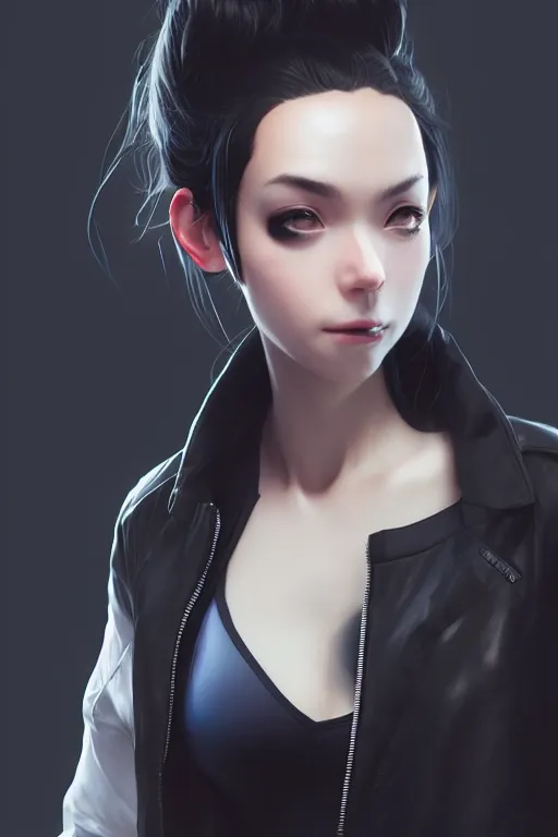 Image similar to black ponytail hair, pale woman in a black unzipped jacket, black shorts, by artgerm, beautiful render, matte painting, realistic, dynamic angle, wlop, loish, octane render, sharp focus, decadent, by greg rutkowski makoto shinkai