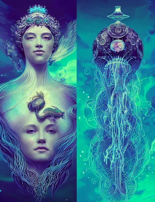 Image similar to goddess macro vintage shouler portrait from bottom to top in crown made of ram skull. betta fish, jellyfish phoenix, bioluminiscent, plasma, ice, water, wind, creature, super intricate ornaments artwork by tooth wu and wlop and beeple and greg rutkowski and alexander fedosav