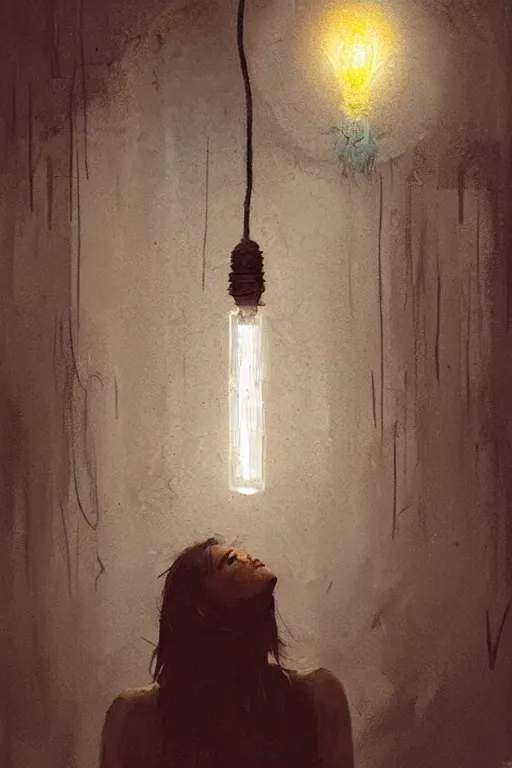 Image similar to a woman inside of an empty light bulb. by greg rutkowski and basquiat