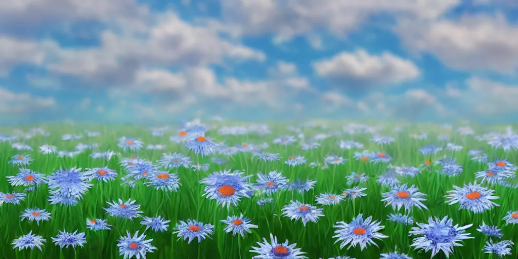 Image similar to field of light - blue daisies, white sky in background, matte painting
