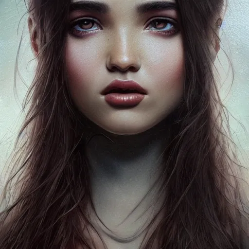 Prompt: ultra realistic soft painting, curiosities dark carnival, beautiful pure genetic mix of dove cameron madison beer bella poarch long straight black hair, tan - looking, professionally retouched, focus eyes, insanely detailed linework, partial symmetrical accurate intricate features, behance artstation, 8 k masterpiece, tom bagshaw ross draws