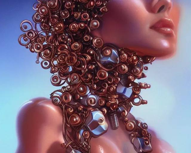 Image similar to beauty woman made of small copper cubes, hair made from electrical wiring and conduits, very detailed, dramatic lighting, mechanical details, electrical details, high details, 4k, 8k, trending on artstation, by Hajime Sorayama and Boris Vallejo