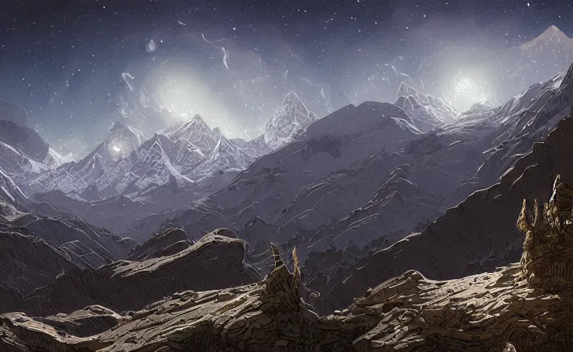 Prompt: mountains, stars and paisley filled sky, artstation, intricate, highly detailed, digital painting, concept art, sharp focus, illustration by Raphael Lacoste and James Jean