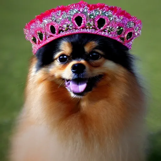 Prompt: photo of a pomeranian wearing a crown