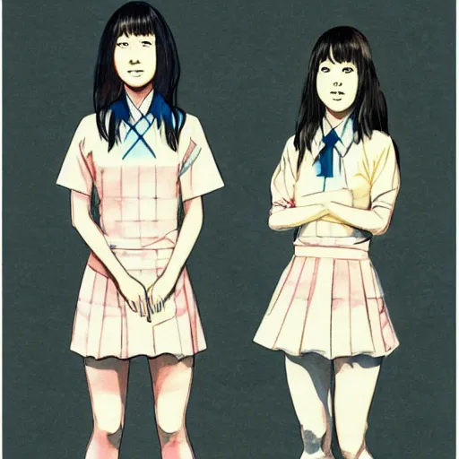 Image similar to a perfect, realistic professional digital sketch of two Japanese schoolgirls posing, 1970s, in style of Marvel, full length, by pen and watercolor, by a professional American senior artist on ArtStation, a high-quality hollywood-style sketch, on high-quality paper