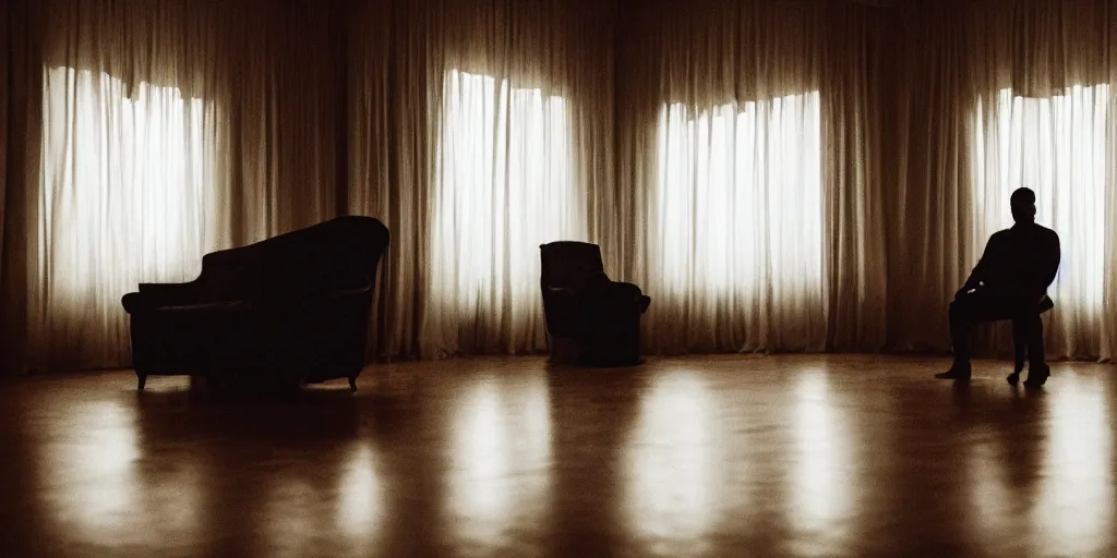 Prompt: photo style of shawn paul tan, portrait of silhouette of big black man sitting on throne, hazy foggy background and floor made of big curtains