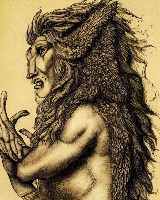 Image similar to human / eagle / lion / ox hybrid. drawn by da vinci