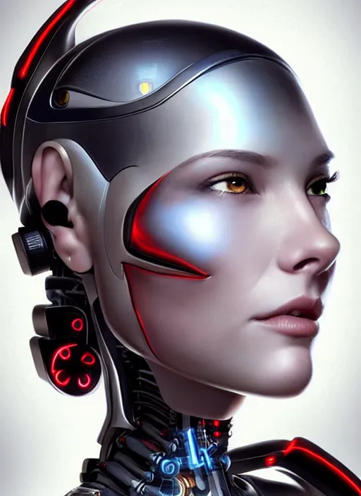 Prompt: portrait of a cyborg woman who turns her head to the ((((((right))))) left+20 (((((up))))) (((((down))))) by Artgerm,eyes closed , biomechanical, hyper detailled, trending on artstation