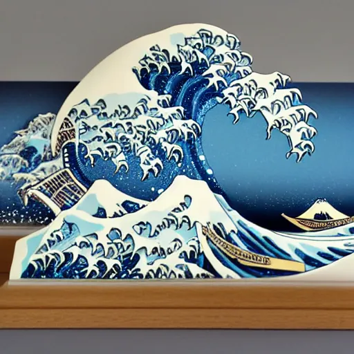 Image similar to ( ( ( the great wave ) ) ), by nick park, aardman, claymation, made of clay, three - dimensional clay sculpture, realistic claymation, clay 3 d sculpture