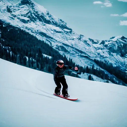 Prompt: portrait of nosferatu snowboarding in the alps, sport photography