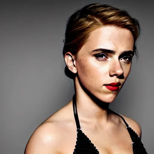 Image similar to a woman who is a genetic combination of scarlett johansson and emma watson face and upper - body focus