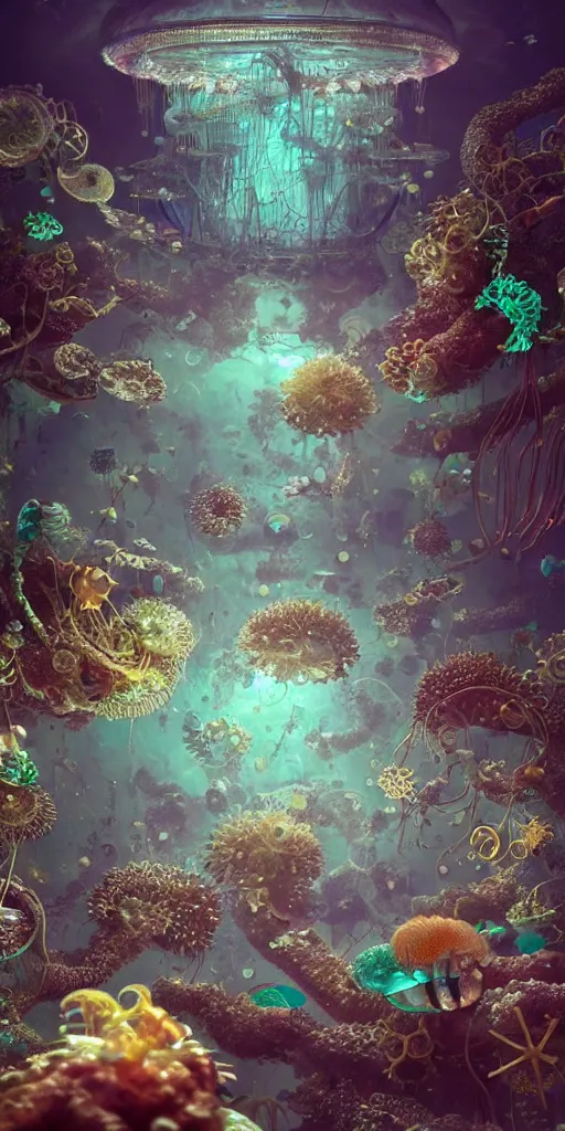 Prompt: mythical dreamy organic translucent bio-mechanical overpopulated underwater steampunk sci-fi city of Atlantis, jellyfish, seahorses, tropical fish, highly detailed, intricate crystal jelly ornate, poetic, 3D render, digital art, octane render, 8K artistic photography, photo-realistic, by Dora Maar