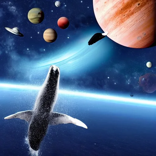 Prompt: humpback whale in space with planets and stars in the background