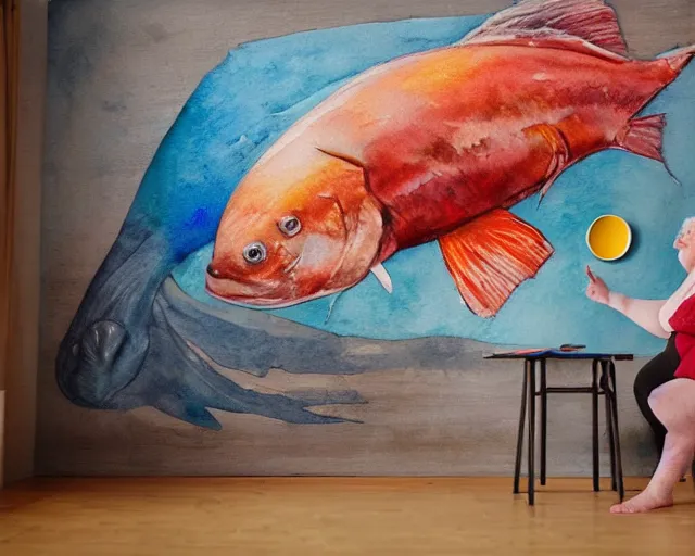 Prompt: an innocent and beautiful scene in hyper realistic style, watercolor and pen oily drawing on wood, of a fat old woman painting a huge colorful fish on the wall, lighting from the barred window. shadows. 4 k. wide angle. wild mood. red mouth, blue eyes. deep focus, lovely scene. ambient occlusion render. unreal engine.