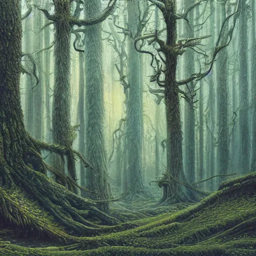 Prompt: a beautiful and highly detailed oil painting of an ancient forest, intricate details, epic scale, insanely complex, 8 k, sharp focus, hyperrealism, fantasy landscape, psychedelic, by caspar friedrich and brian froud,