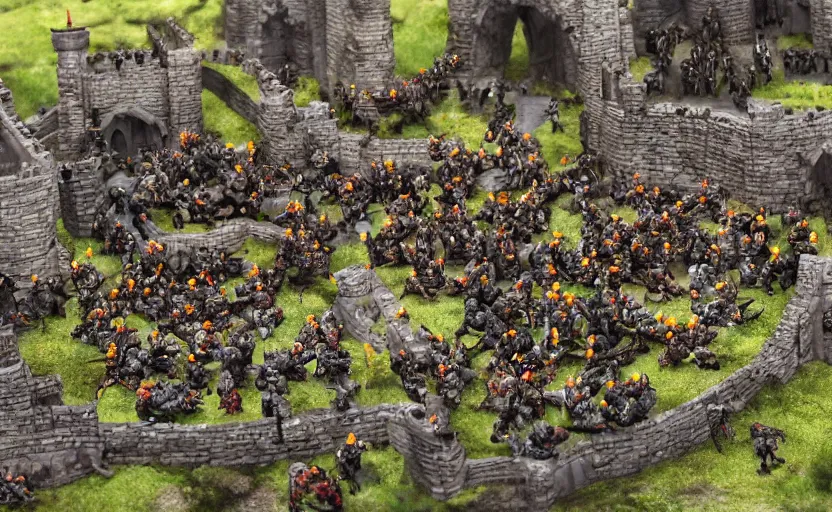 Image similar to diorama of minions fighting orcs in the battle of helm's deep, giant castle walls, realistic, 4 k, detailed