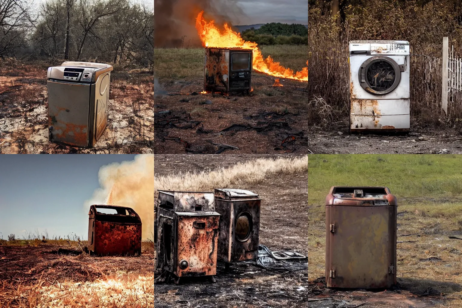 Prompt: a photo of a burning rusted washing machine that is on fire standing in a dried out field