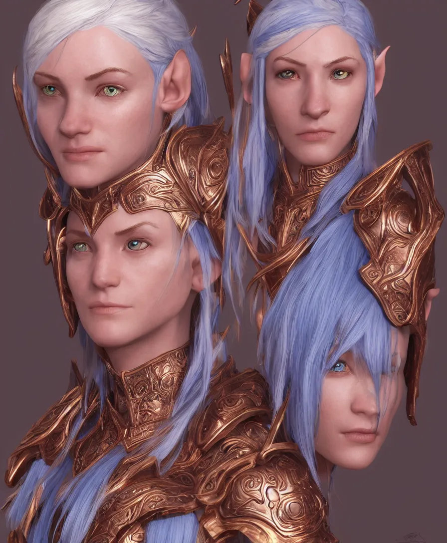 Image similar to a beautiful and highly detailed digital portrait of a dignified female elven paladin with blue hair in rose gold armor by clint cearley, headshot, centered, artsation contest winner, artstation hd, cgsociety, fantasy art, cryengine, concept art, photorealism, daz 3 d, sketchfab, zbrush, vray